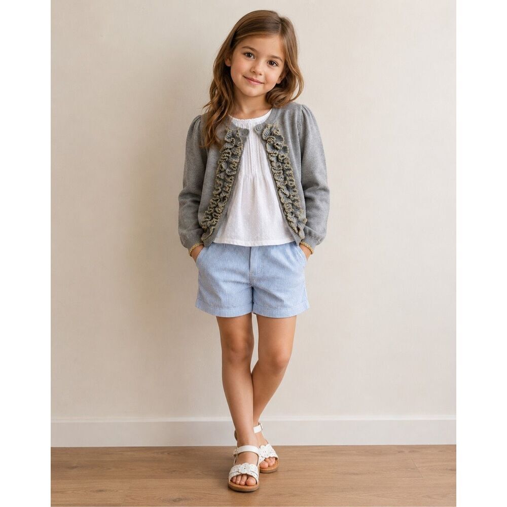 Gymboree Girls Ruffle Cardigan Sweater Size S 5-6 Gray Gold Trim Cotton Blend